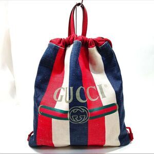 Gucci Red White Blue Striped Canvas Backpack Bold Gucci Branding Auth Knapsack